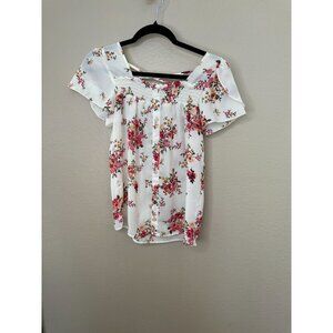 NOBO Womens Cream Pink Floral Blouse M short sleeve‎ ribbed round neck polyester